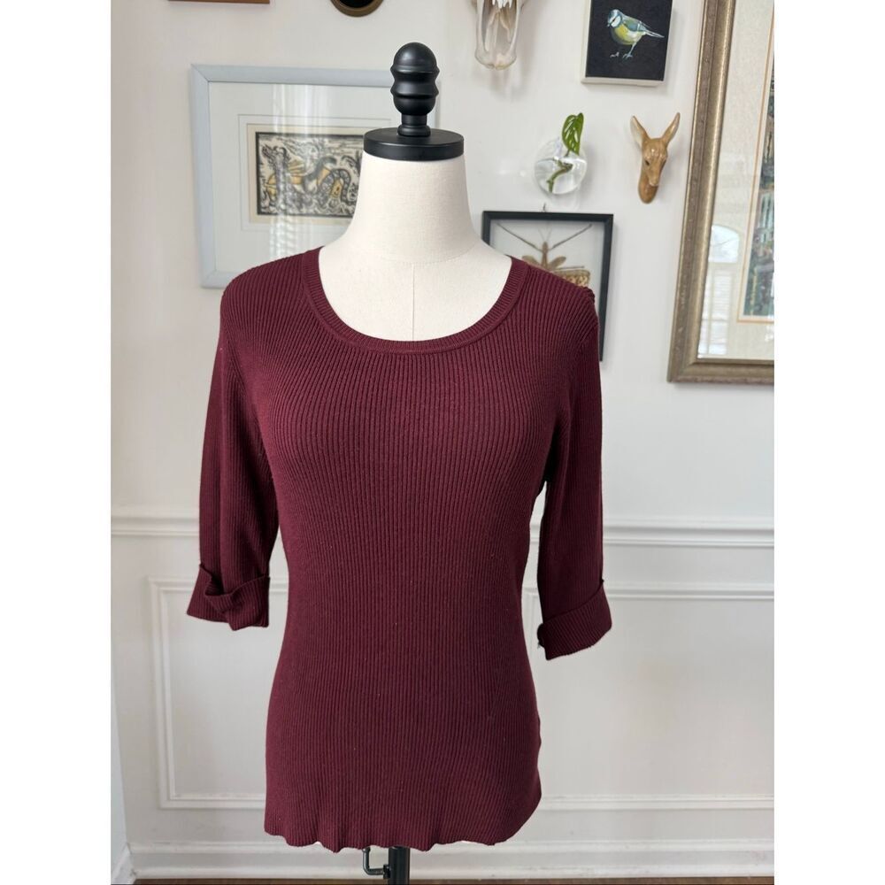 White House Black Market WHBM Burgundy Elbow Sleeve Ribbed Top M